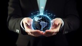icon internet world in the hands of a businessman network technology and communication, businessman holding a globe in their hands, hand holding a globe with map, hand holding earth, Generative AI