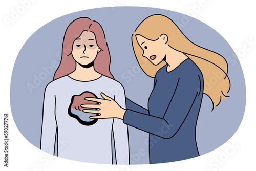 Woman cover with hands close hole in another female give support and help. Concept of psychological and mental aid and counseling. Psychotherapy and psychoanalysis. Vector illustration. Generative AI