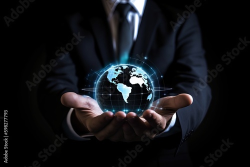 icon internet world in the hands of a businessman network technology and communication  businessman holding a globe in their hands  hand holding a globe with map  hand holding earth  Generative AI