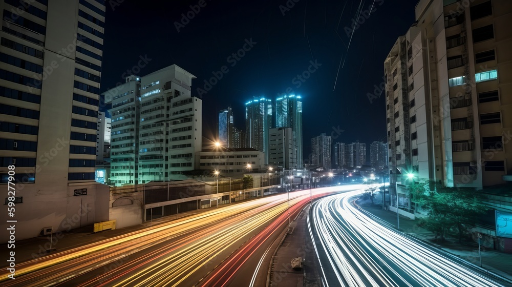 light trails above buildings, traffic at night, city at night, traffic in the city, Generative AI