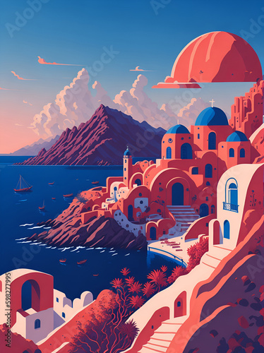Santorini landscape. AI generated illustration
