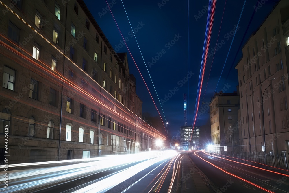 light trails above buildings, traffic at night, city at night, traffic in the city, Generative AI
