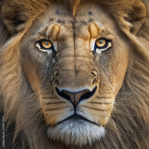 Beautiful proud adult lion close-up. Generative AI