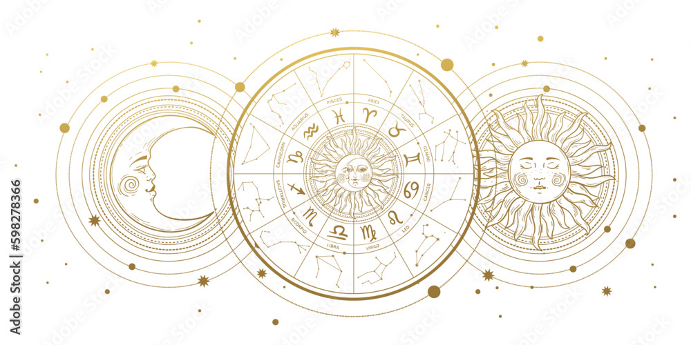 Zodiac wheel with 12 signs and constellations, horoscope vintage banner with golden sun and moon isolated on white, astrology background. Hand drawn vector illustration. - obrazy, fototapety, plakaty 