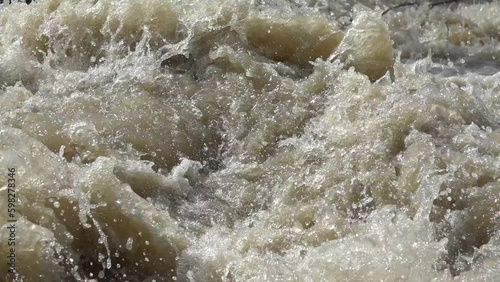 Inundation, Natural Calamity, Disaster, River in Mountains, Muddy Stream after Stormy Raining, Creek in Torrential Rain, Global Warming