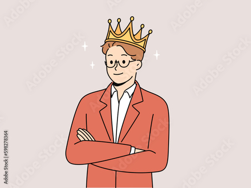 Smiling man in suit and golden crown show confidence and leadership. Confident male with high self esteem stand with arms crossed. Vector illustration.  Generative AI