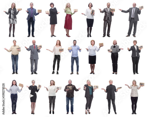 group of happy people with gifts in their hands isolated