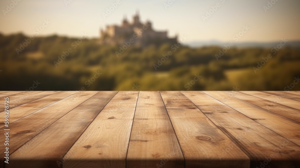 Wooden empty table castle. Generate Ai