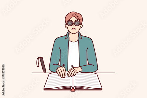 Blind man reads braille book by touching fingers to textbook with three-dimensional letters to gain knowledge. Blind guy with braille book is self-educating and studying new literature Generative AI