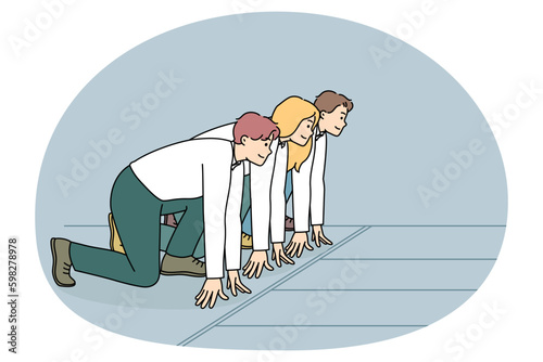 Motivated businesspeople stand at starting position ready for sprint run. Confident diverse employees or clerks compete for better position. Work rivalry or competition. Flat vector Generative AI