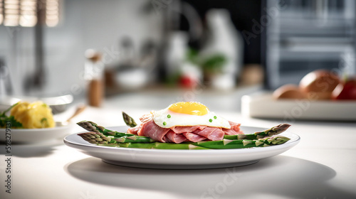 asparagus with fried egg and ham lying on a white plate next to a bottle of white wine. AI generativ