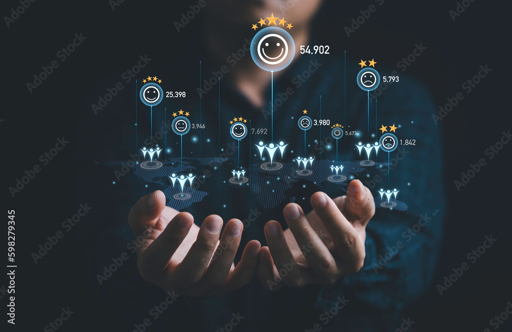 Businessman holding virtual human icon with client evaluation rating status on world map for customer evaluation after use product and service concept.