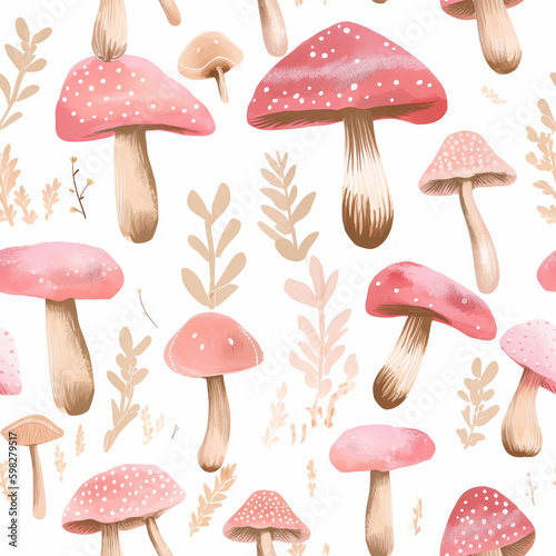 mushrooms on white background, seamless pattern, Generative AI