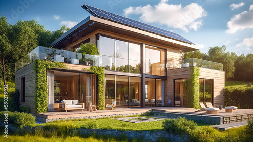 Modern eco-friendly single-family homes with photovoltaic cells. AI generativ.