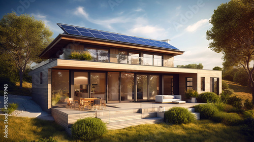 Modern eco-friendly single-family homes with  photovoltaic cells.  AI generativ. © Dar1930