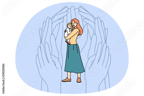 Huge hands help protect young single mother holding baby infant. Society aid and assistance for mom with small kid. Support and protection for mum, motherhood concept. Vector Generative AI