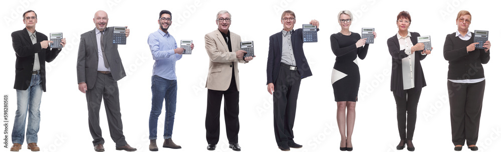 collage of people demonstrate calculator in hand isolated collage of people demonstrate calculator in hand isolated
