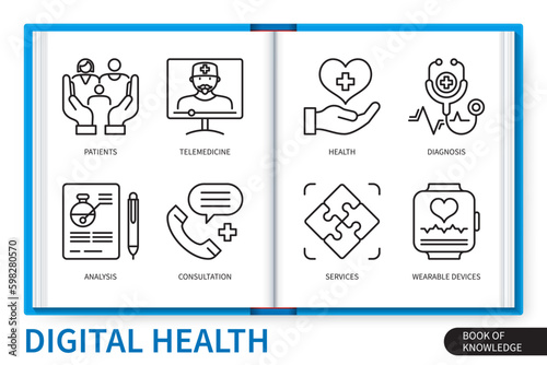 Digital health infographics linear icons collection