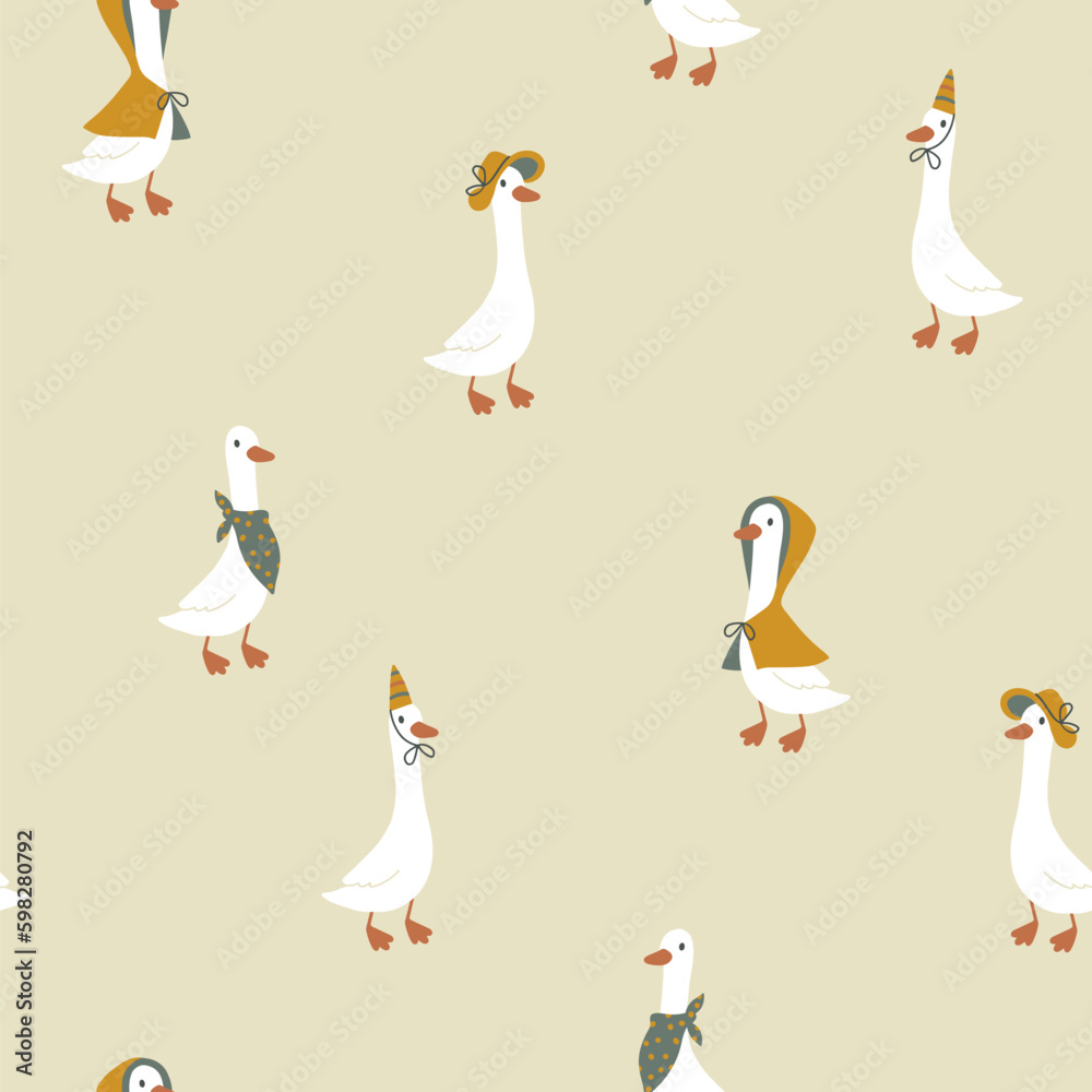 Obraz premium Geese seamless pattern. Cute cartoon characters in funny clothes, hat, raincoat in simple hand drawn style. The limited vintage palette is perfect for baby prints. Goose nursery vector.