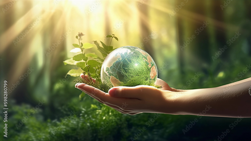 Hands Holding Glass Globe World In Green Forest with warm sunlight ...