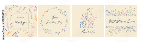 Flower and leaf wreath frame decoration. Social media background template. Mother's day greeting card. Soft pastel graphic design element. 