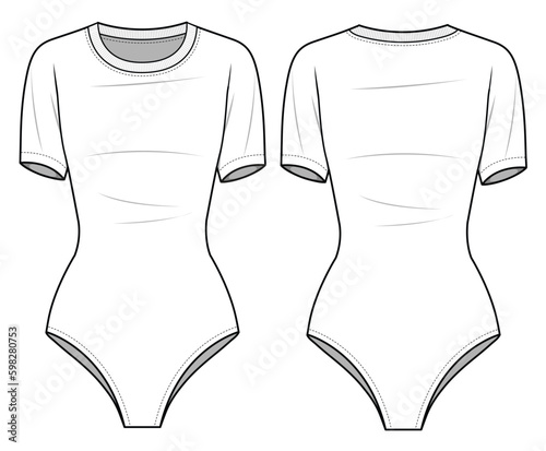 Ladies bodysuit short sleeve, crew neck technical flat sketch front and back view template.