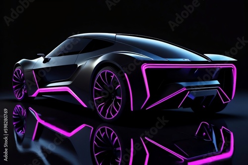 EV supercar  hypercar  futuristic design  isolated background with a colorful neon light in the dark. Generative AI.