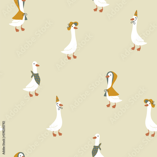 Geese seamless pattern. Cute cartoon characters in funny clothes, hat, raincoat in simple hand drawn style. The limited vintage palette is perfect for baby prints. Goose nursery vector.