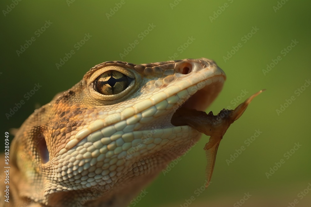 Fototapeta premium A close-up of a lizard's tongue catching a fl
