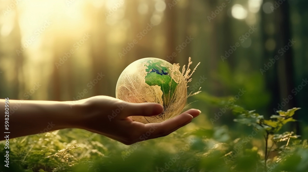 Hands Holding Glass Globe World In Green Forest with warm sunlight ...