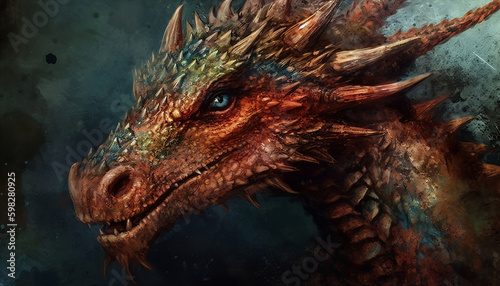 A fierce and powerful dragon head with bold and vibrant color scale, generative ai