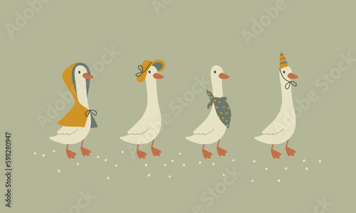 Geese collection. Cute cartoon set characters in funny clothes, hat, raincoat in simple hand drawn style. The limited vintage palette is perfect for baby prints. Goose vector.