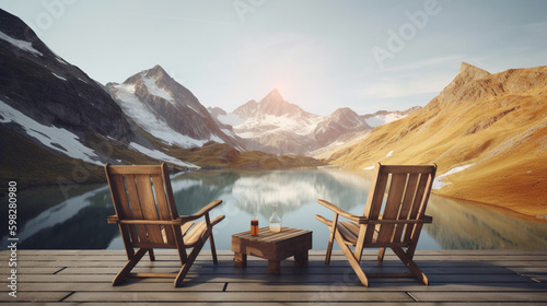A view of a mountain lake with two chairs and a table with a glass of beer on it. GENERAED AI © bahadirbermekphoto