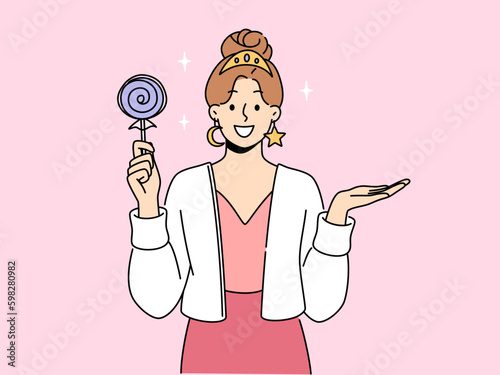 Smiling woman with crown and jewelry holding lollipop in hands. Happy girl in stylish clothes and accessories with candy in hand. Vector illustration.  Generative AI