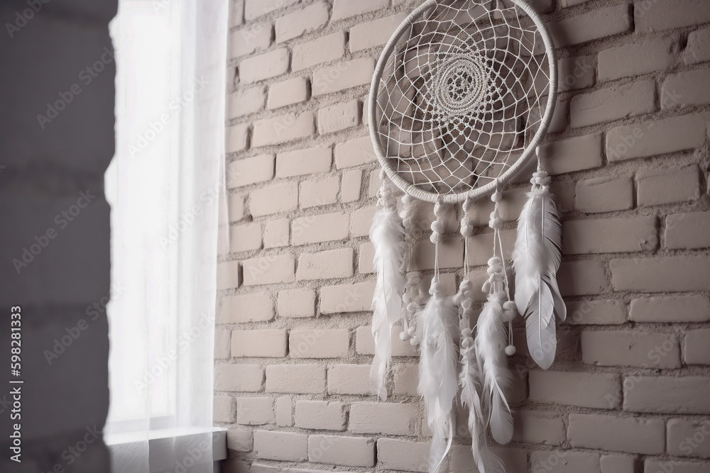 Dreamcatcher on the wall, decoration in the room. Super photo realistic background. Generative ai illustration