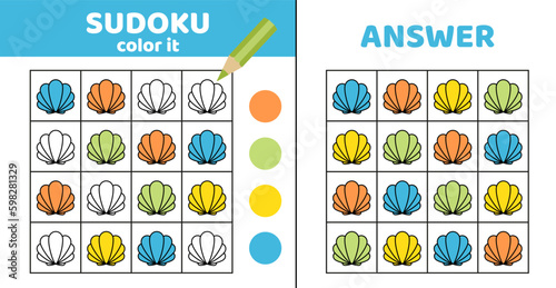 Sudoku. Seashell. Coloring sudoku with seashell Cartoon Generative AI