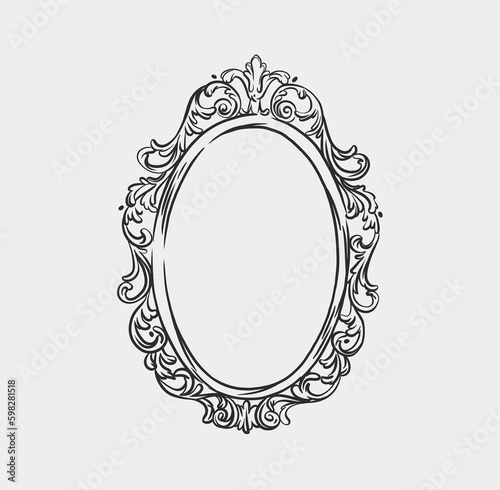 Hand drawn vector abstract outline,graphic,line art vintage baroque ornament floral frame in minimalistic modern style.Baroque floral vintage outline design concept.Vector antique frame isolated.