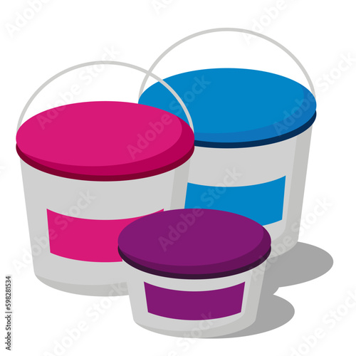 Paint buckets, pink, blue, purple