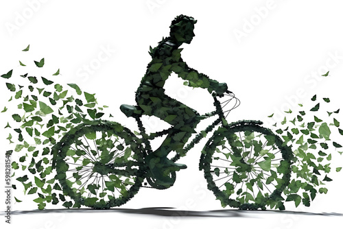 Sustainability and environmental Concept, nature, ecological activism and green economy on the rise, silhouette of woman riding a bike made of green leaves leaving a trail of leaves, generative ai