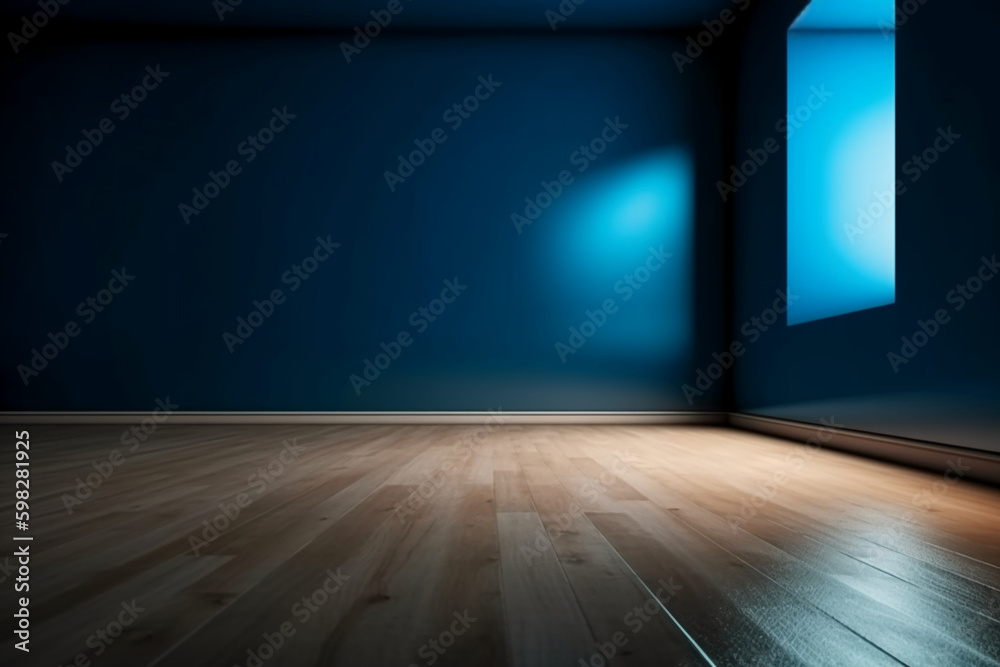 Blue empty wall and wooden floor with interesting light glare. Interior background for the presentation. AI generative Blue empty wall and wooden floor with interesting light glare. Interior background for the presentation. AI generative