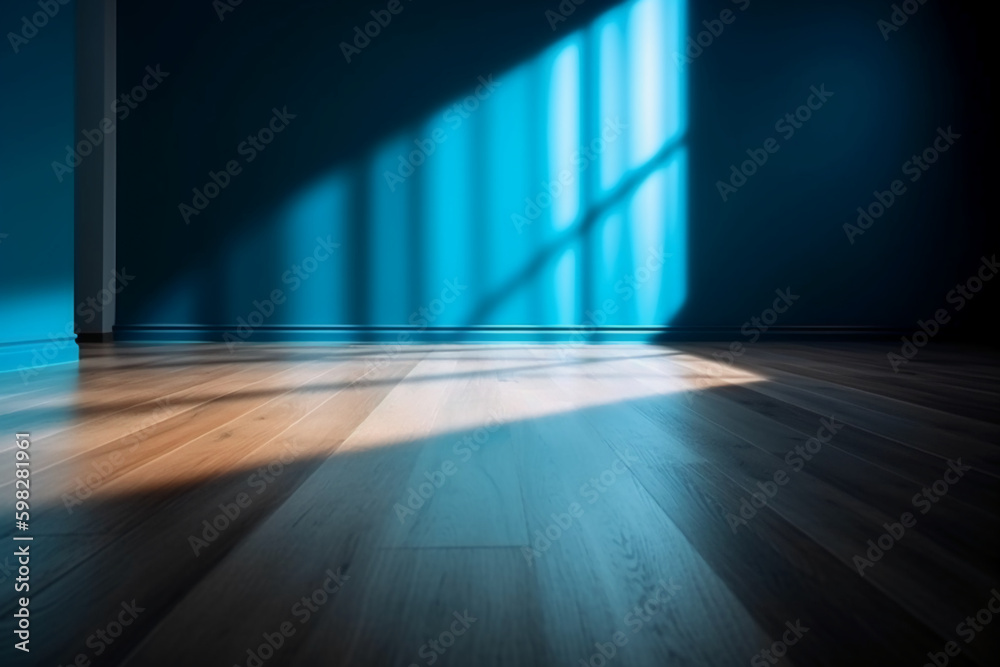 Blue empty wall and wooden floor with interesting light glare. Interior background for the presentation. AI generative