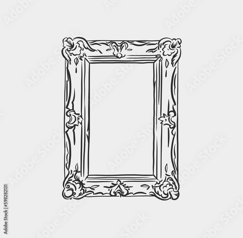 Hand drawn vector abstract outline,graphic,line art vintage baroque ornament floral frame in minimalistic modern style.Baroque floral vintage outline design concept.Vector antique frame isolated.