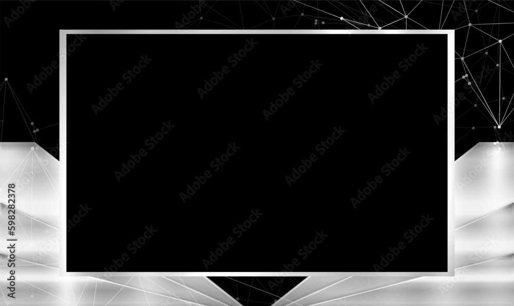 Elegant fashionable background with abstract diamond digital geometric pattern in silver, black. Board in a metal frame. Geometric rectangle metal border with copy space in center. Vector illustration
