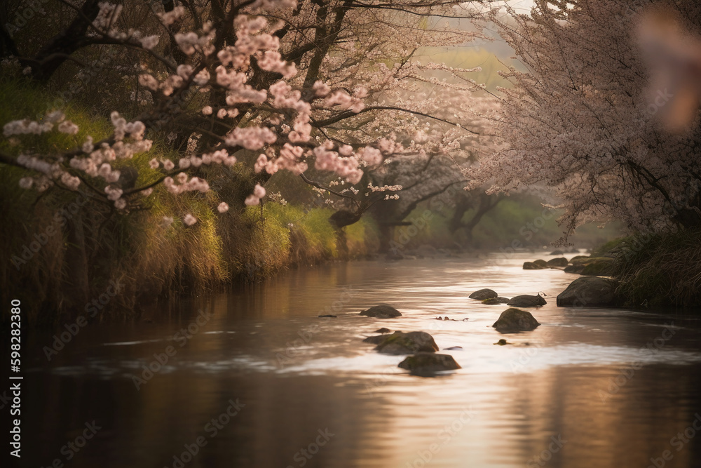 Fototapeta premium Butterply, cherryblossom, blurred river. AI generative
