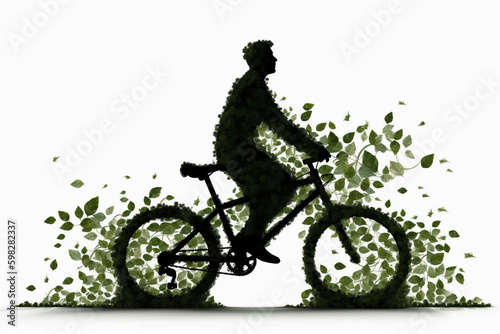 Sustainability and environmental Concept, nature, ecological activism and green economy on the rise, silhouette of man riding a bike made of green leaves leaving a trail of leaves, generative ai © cwiela_CH