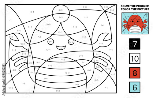 Crab. Solve the problem, color the picture. Addition, Subtraction Coloring book Vector Generative AI