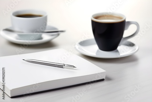 A notebook and two cups of coffee