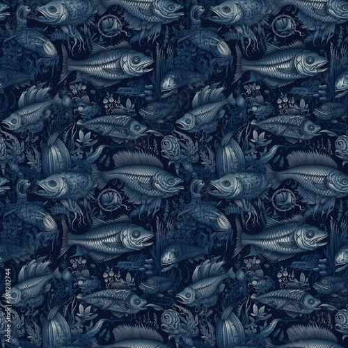 Seamless background of deep sea monsters and fish. AI generated © misu