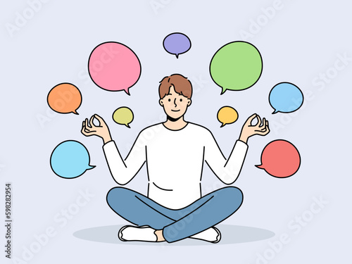 Smiling man practice yoga surrounded with numerous speech bubbles with ideas. Happy guy meditate having different creative ideas in talk balloons. Vector illustration.  Generative AI