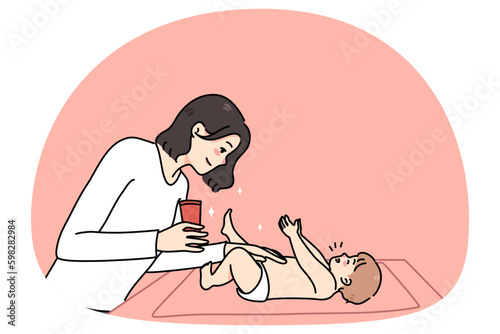 Loving mom moisturize newborn child body with cream changing diaper at home. Caring mother use lotion for newborn kid. Concept of children skincare and treatment. Vector illustration. Generative AI